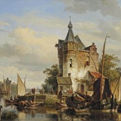Moored barges at a quay near a keep